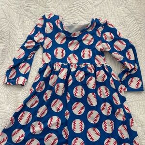 Blue Baseball Print Long Sleeved Dress